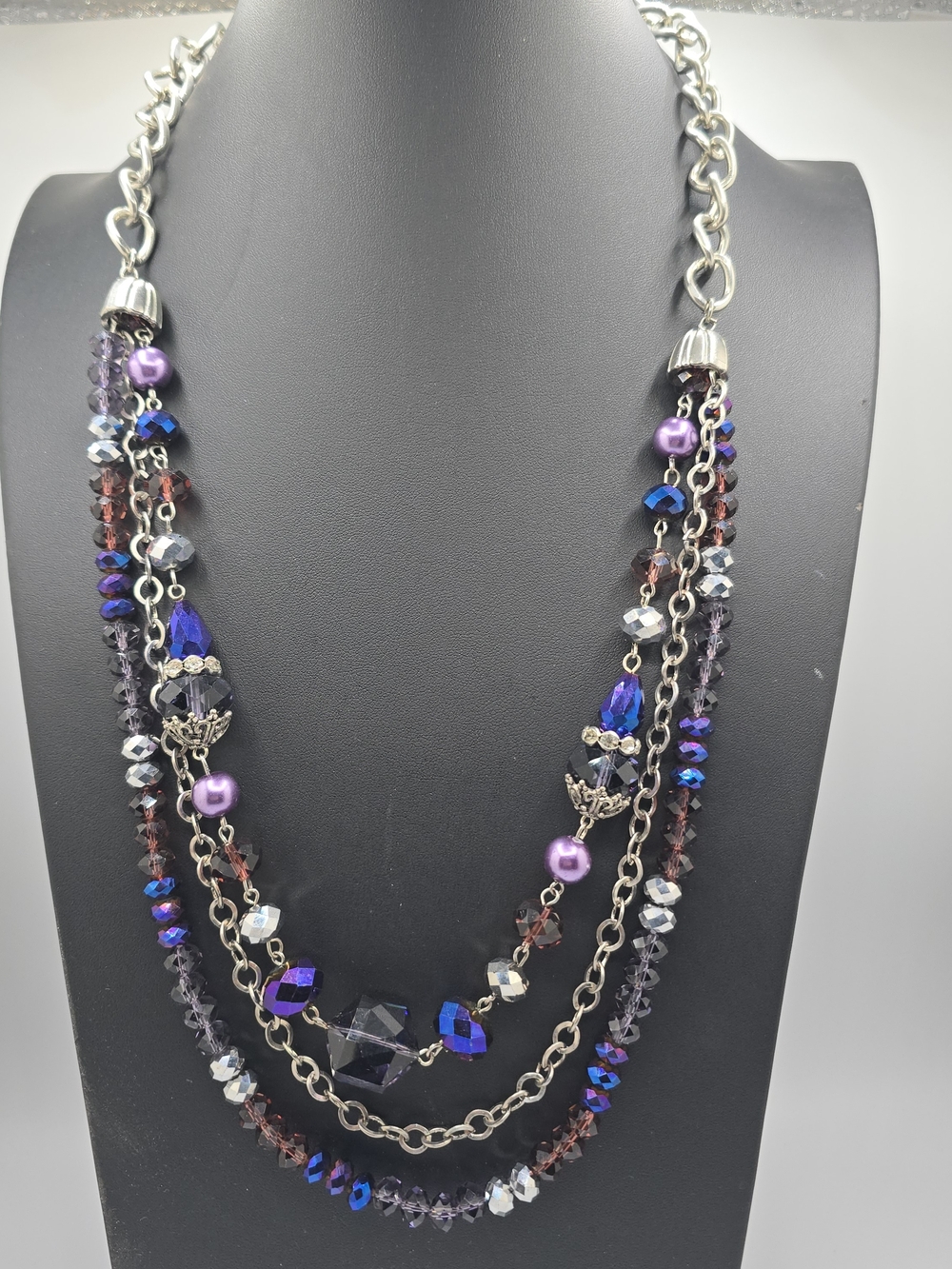 Purple AB Faceted Bead Multistrand Statement Necklace Silver Tone 26" Adjustable